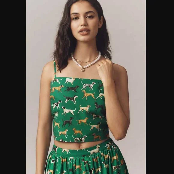 New M Maeve x Anthropologie Dog Print straight neck crop tank top in green - Picture 1 of 9